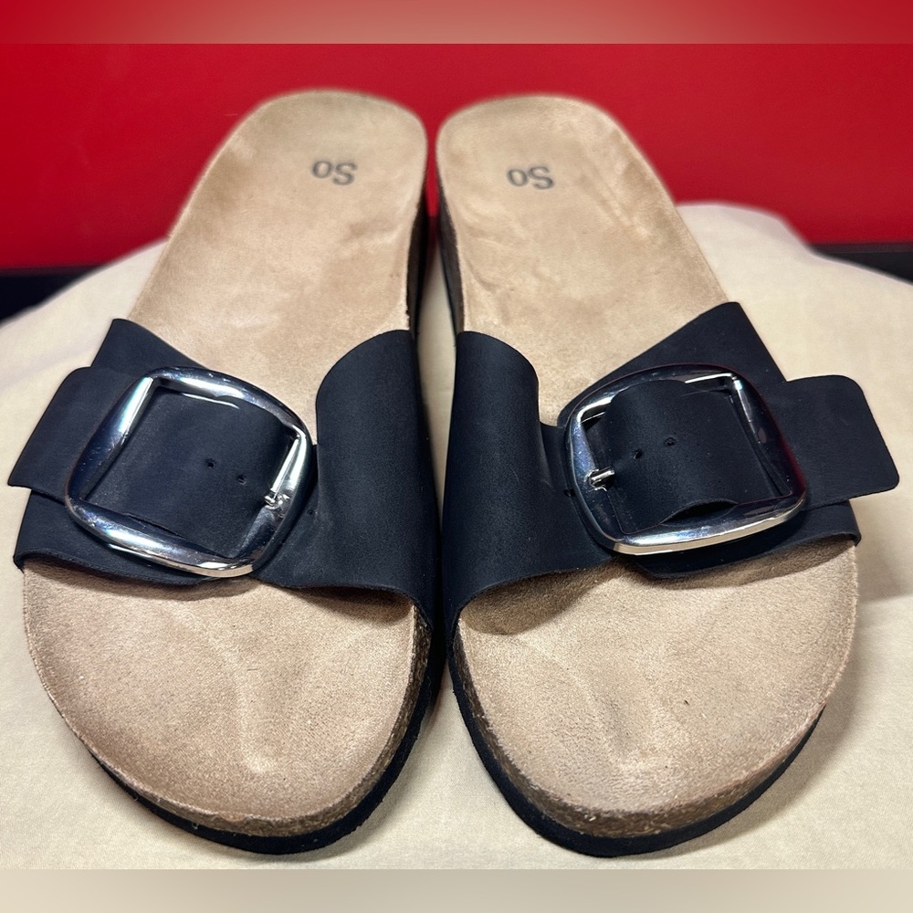 SO Brand Slip On Cork Bed Sandals Black Faux Suede Adj Buckle Women’s Size Large - Picture 2 of 13
